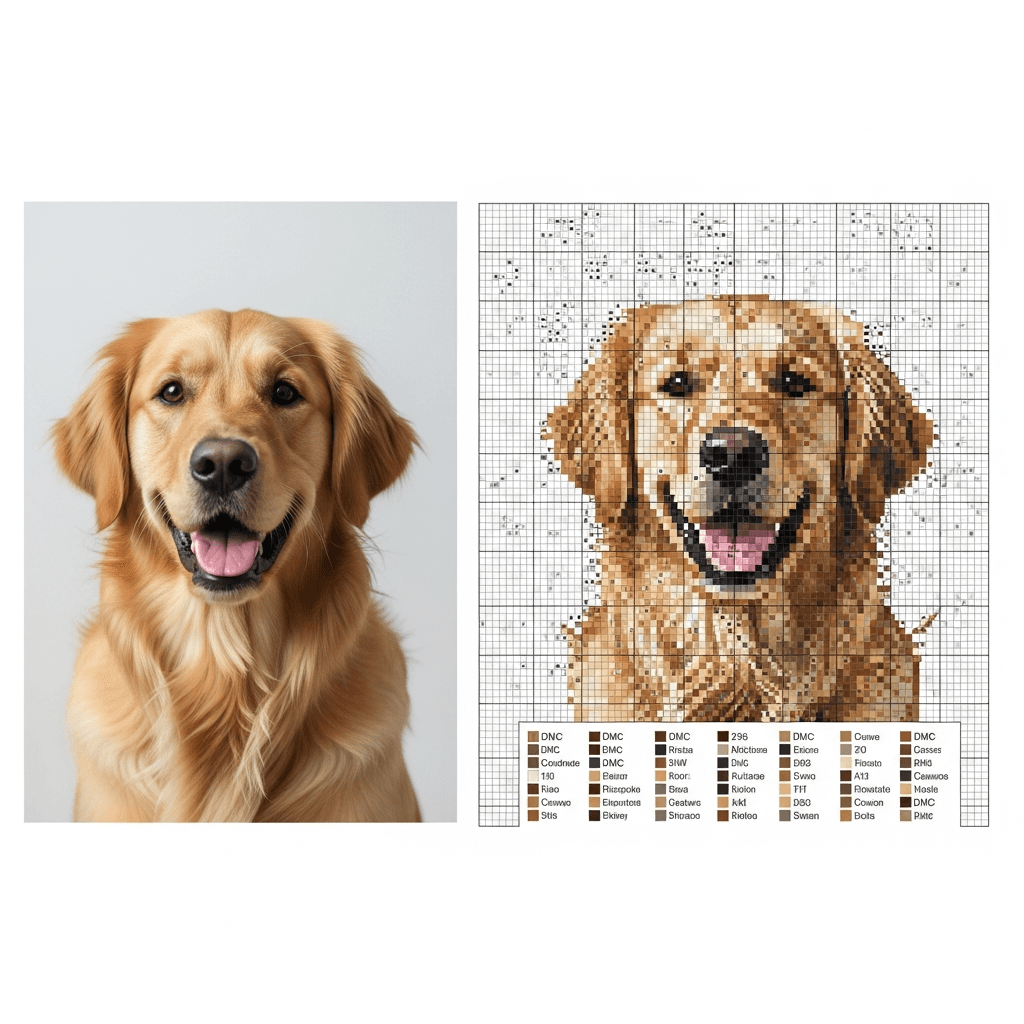 A side-by-side comparison of a photo of a golden retriever and its converted cross stitch pattern chart on a grid